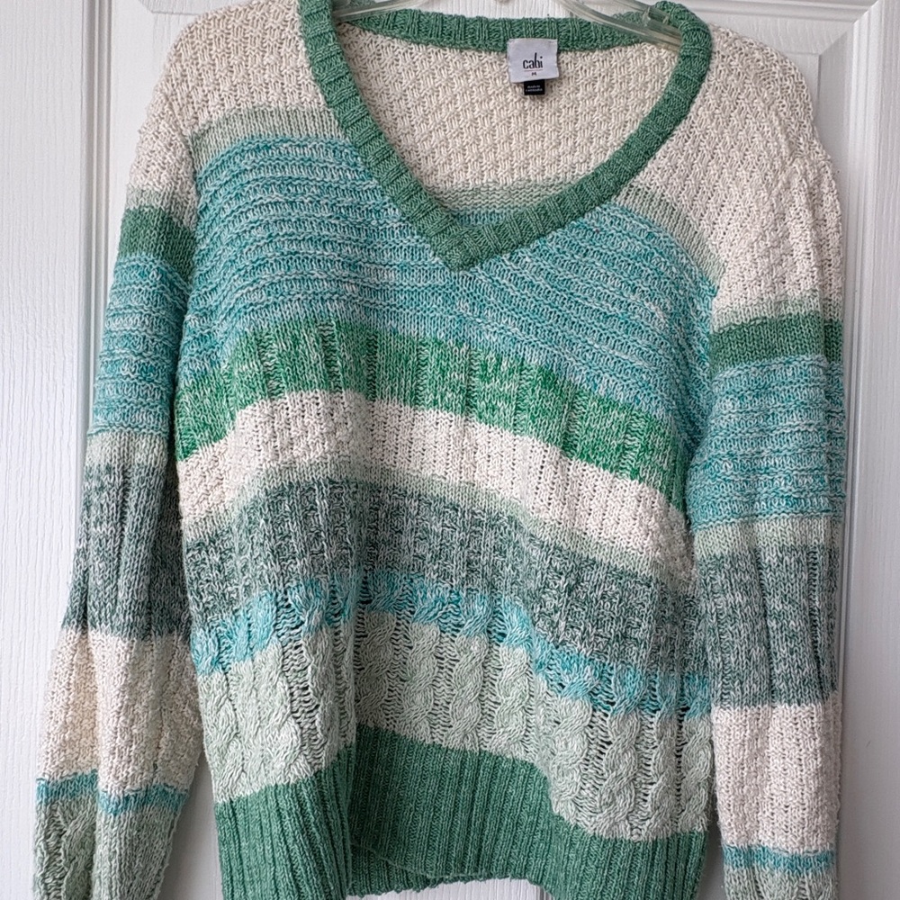 CAbi Green and White V-Neck Sweater with Textured Stripes